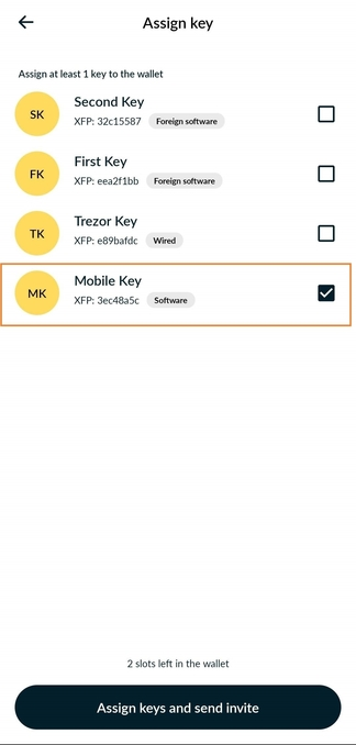 assign keys and send invite (Screenshot)