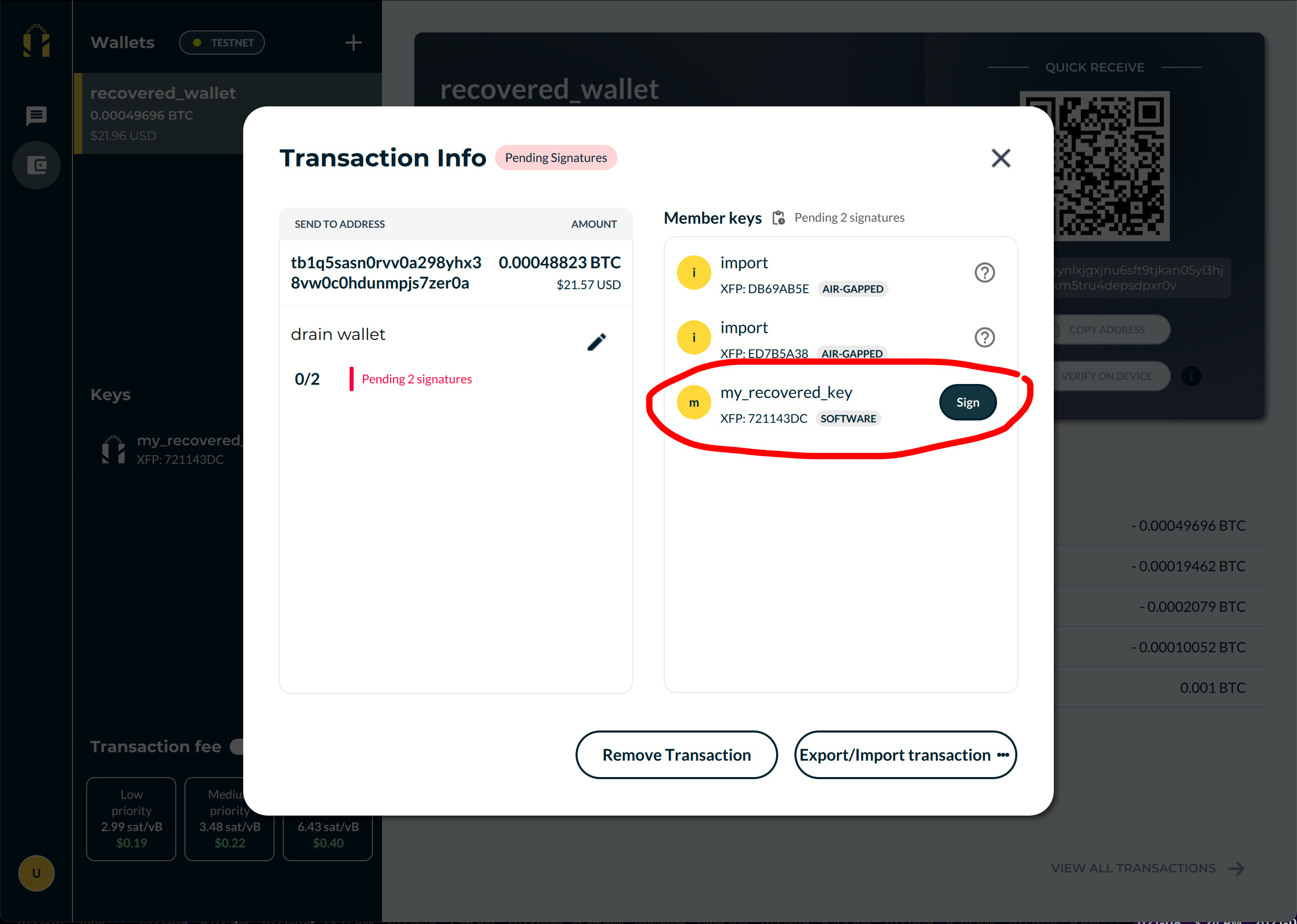 Sign transaction with recovered key